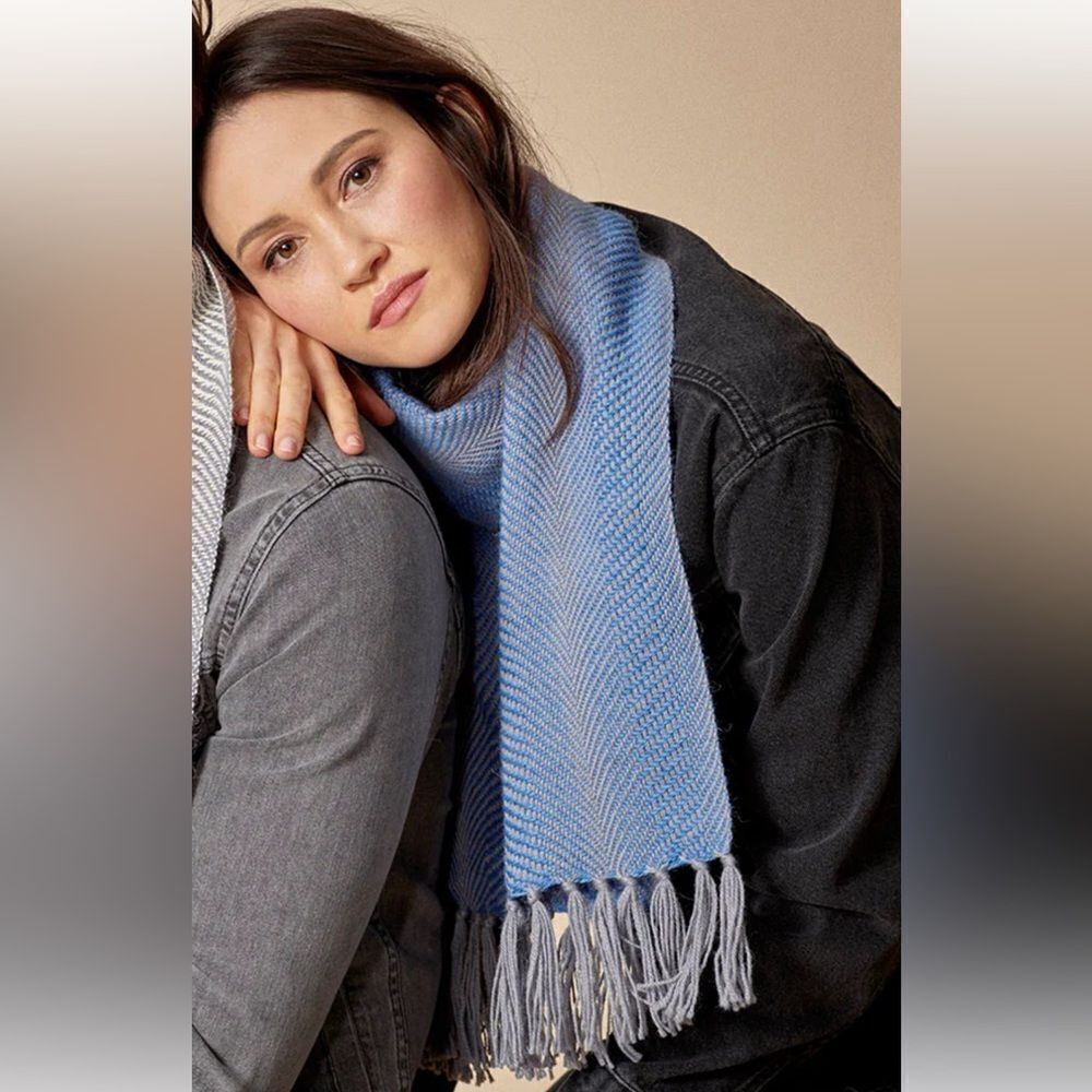 Grey and Blue Alpaca Undulating woven scarf by Lisbeth Mulcahy